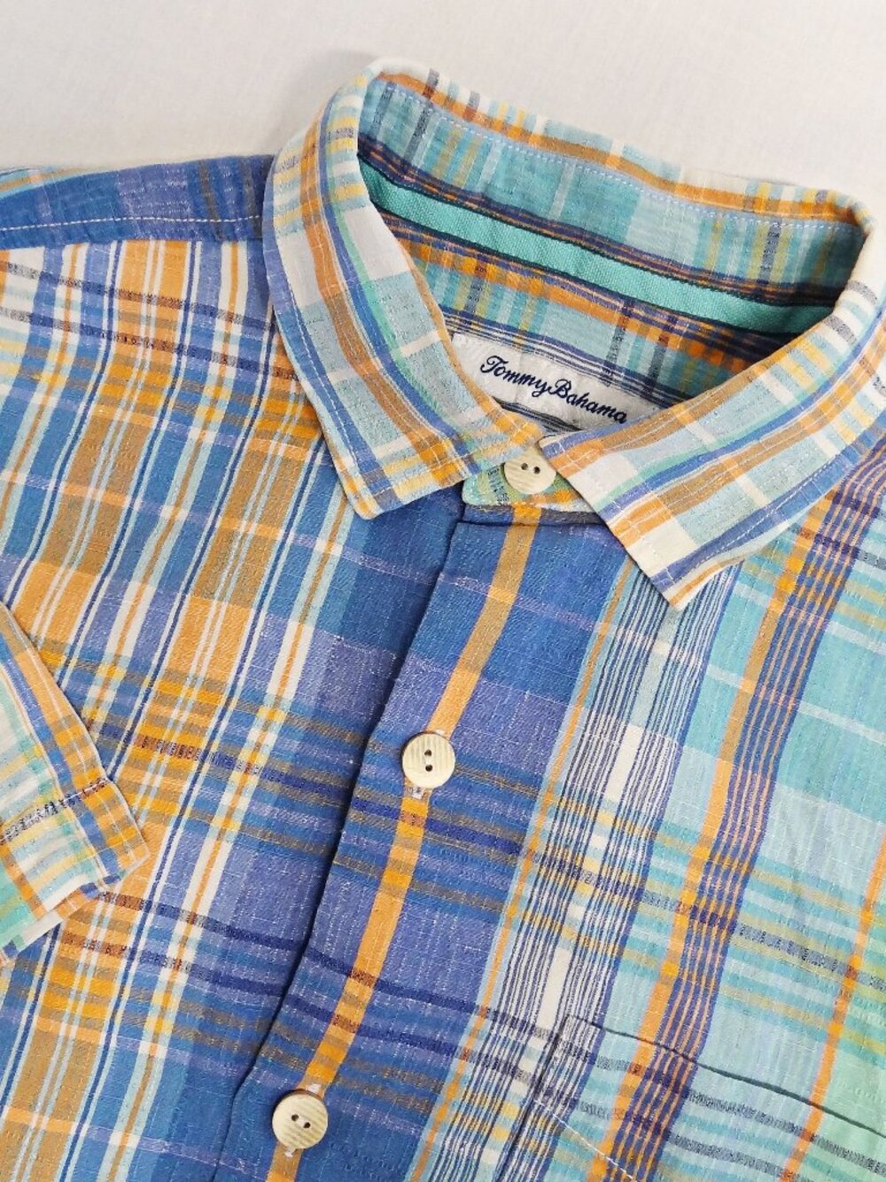 TOMMY BAHAMA Men's M Silk/Linen Blend Plaid Short Sleeve Button Up Shirt